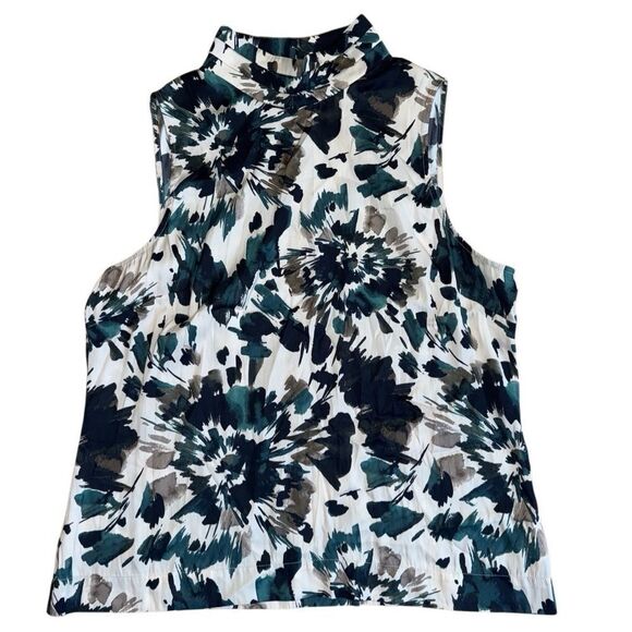 Tart Women's Pleated Mock Neck Green & Cream Abstract Sleeveless Top Size Large - Picture 1 of 6
